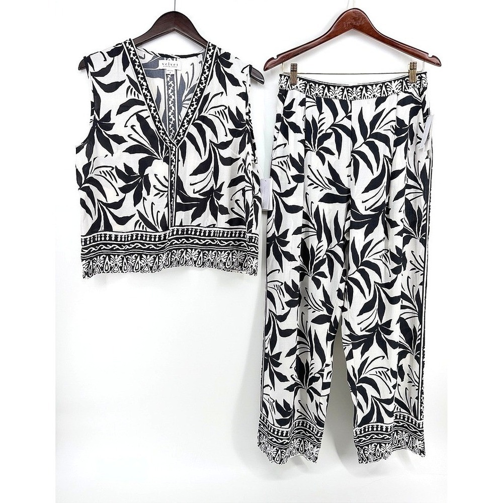 Velvet by Graham‎ & Spencer Claudia Lindsay Set Black White Tropical Leaf M NEW